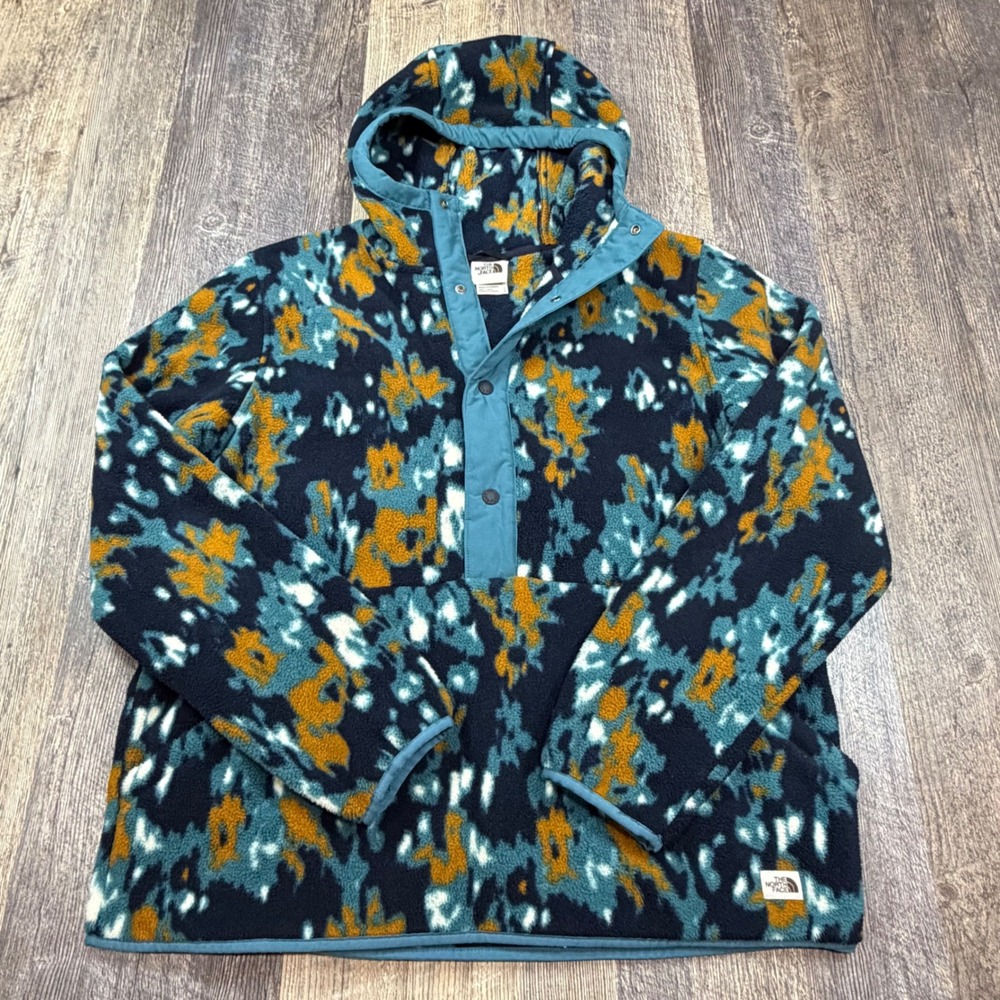 The North Face Fleece Hoodie Men Large Blue Abstract Print Snap Button Pullover